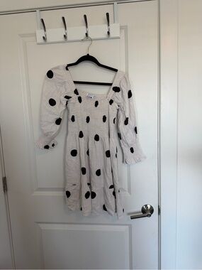 White Polka Dot Smocked Midi Dress with Puff Sleeves